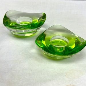 Pair of 2 green glass tea light and taper candle holders made in Germany
